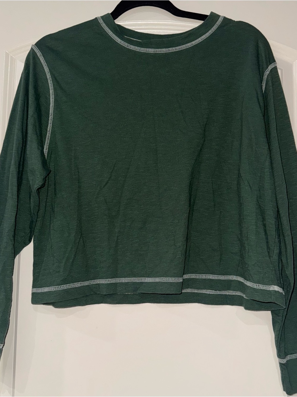 Relaxed Green Long Sleeve Top with Contrast Stitching